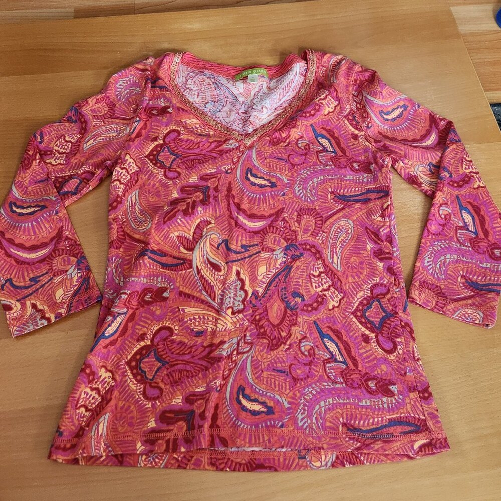 Sigrid Olsen Paisley Cotton Top Women's Medium Pink V-Neck Sequin